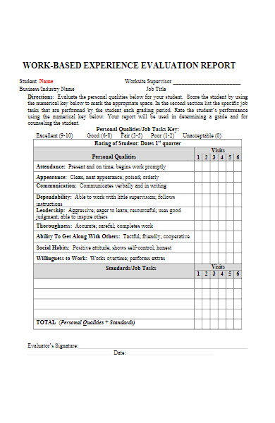 work based supervisor evaluation report form