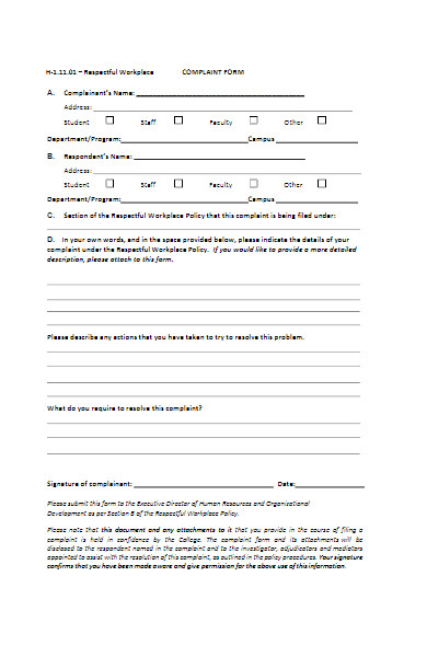 workplace complaint form example