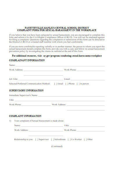 workplace complaint form for sexual harassment
