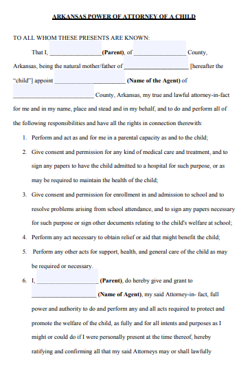 arkansas power of attorney of a child form