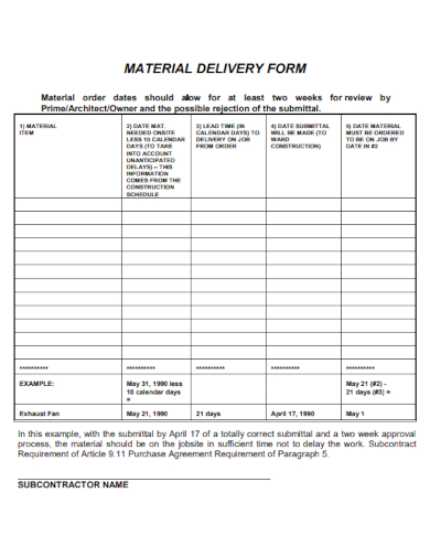 blank material delivery form