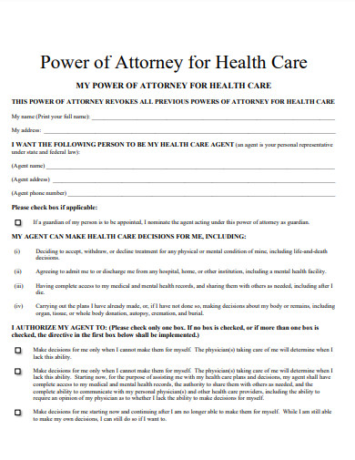 blank power of attorney for health care form