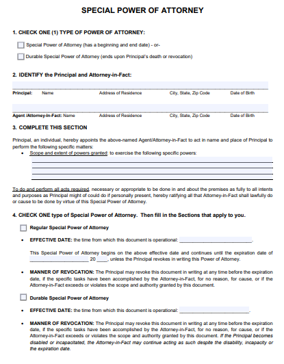 blank special power of attorney form