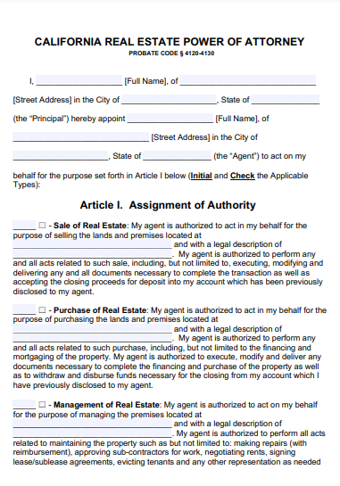 california real estate power of attorney form