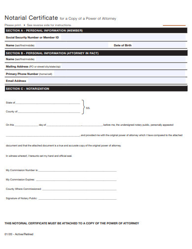 copy certification of notary power of attorney form