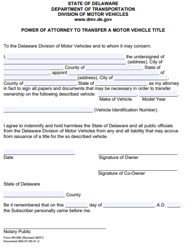delaware motor vehicle power of attorney form