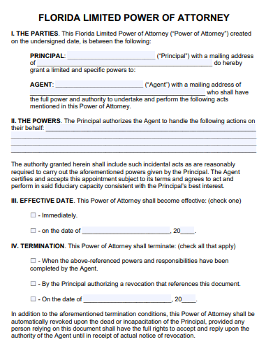 florida limited power of attorney form