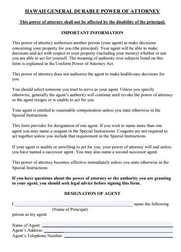 hawaii durable power of attorney forms