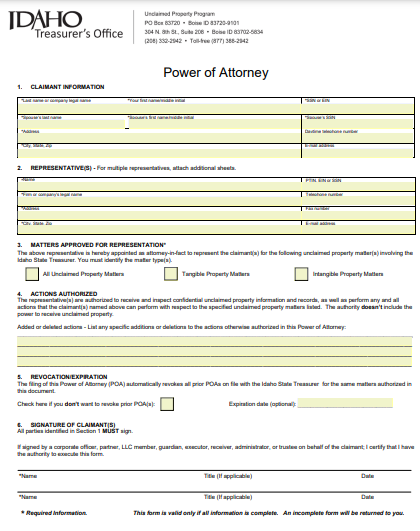 idaho blank power of attorney form 