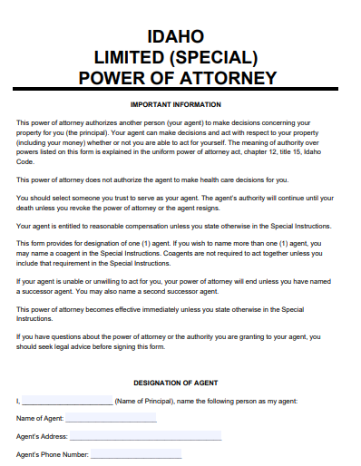 idaho special power of attorney form