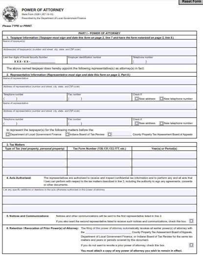 indiana blank power of attorney form