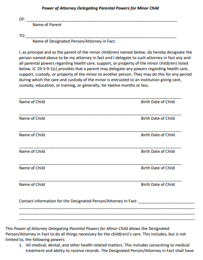 indiana minor child power of attorney form