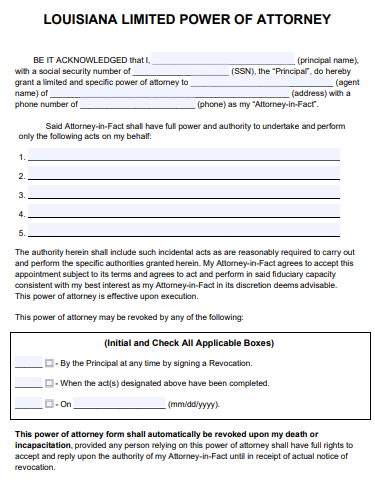 louisiana limited power of attorney form