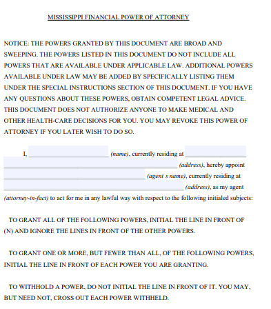 mississippi financial power of attorney form
