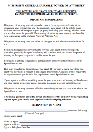 mississippi general power of attorney form