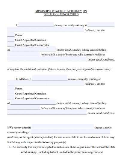 mississippi power of attorney form of minor child