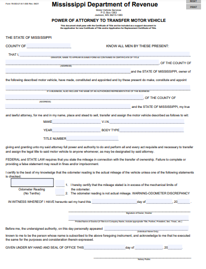 mississippi vehicle power of attorney form