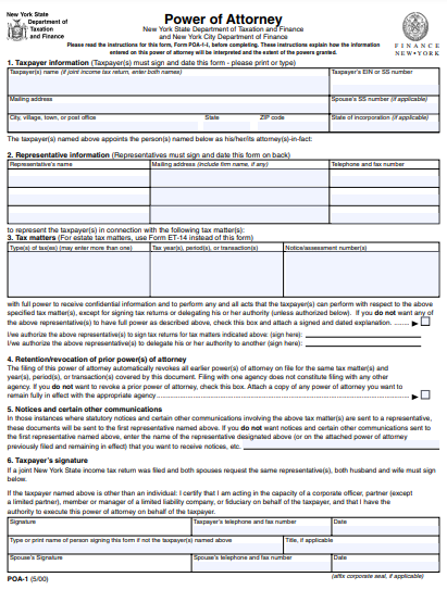 new york state tax power of attorney form