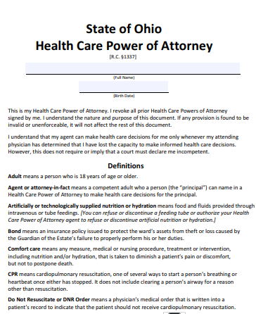 ohio health care power of attorney form