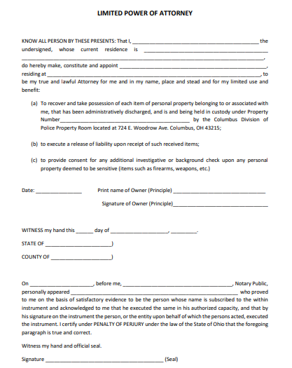 ohio limited power of attorney form