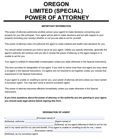 oregon limited power of attorney form