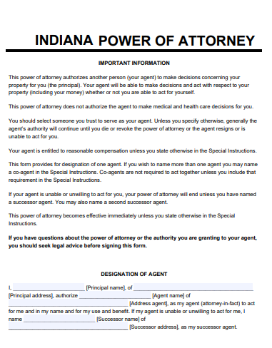 sample indiana power of attorney form 