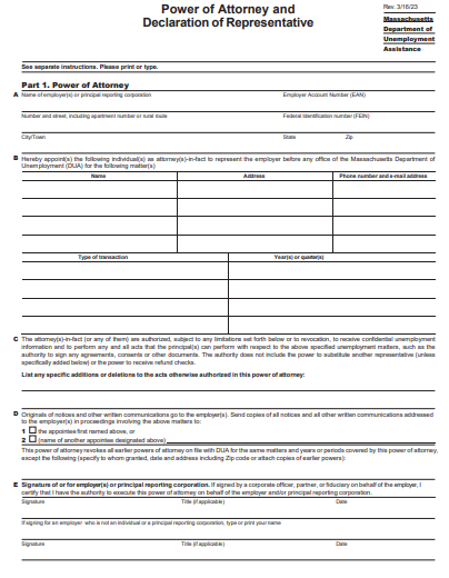 state of massachusetts power of attorney form