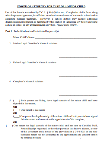 tennessee minor child power of attorney form