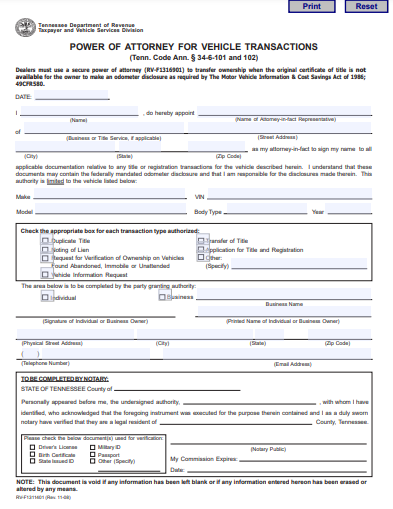 tennessee vehicle power of attorney form
