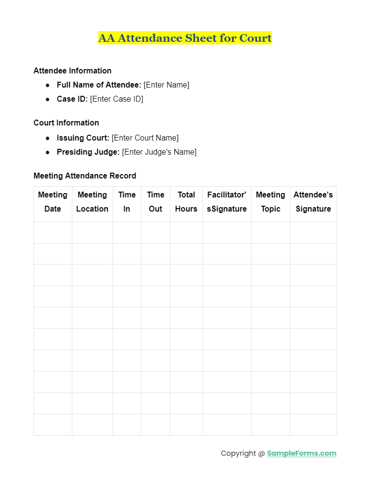 aa attendance sheets for court