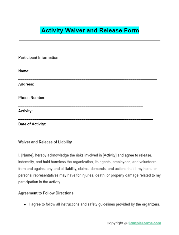 activity waiver and release form