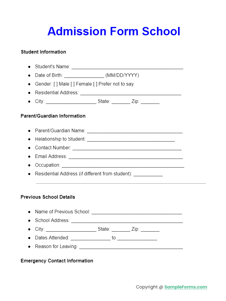 admission form school