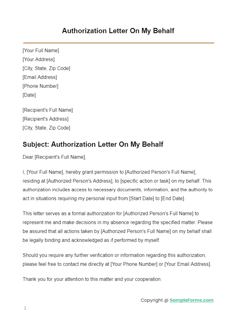 authorization letter on my behalf