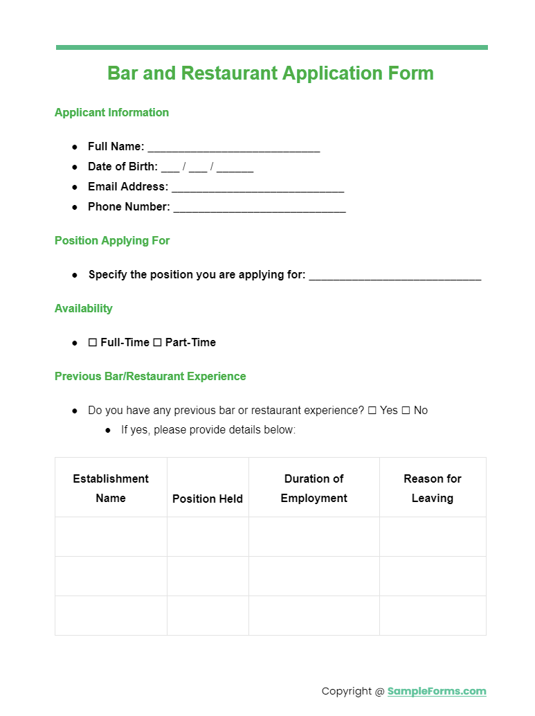 bar and restaurant application form