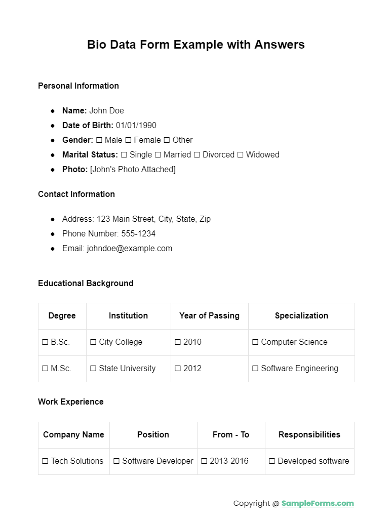 bio data form example with answers