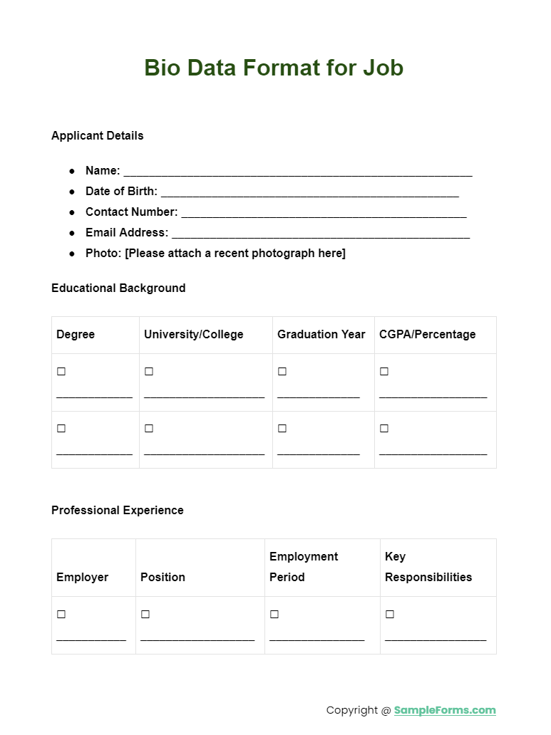 bio data format for job