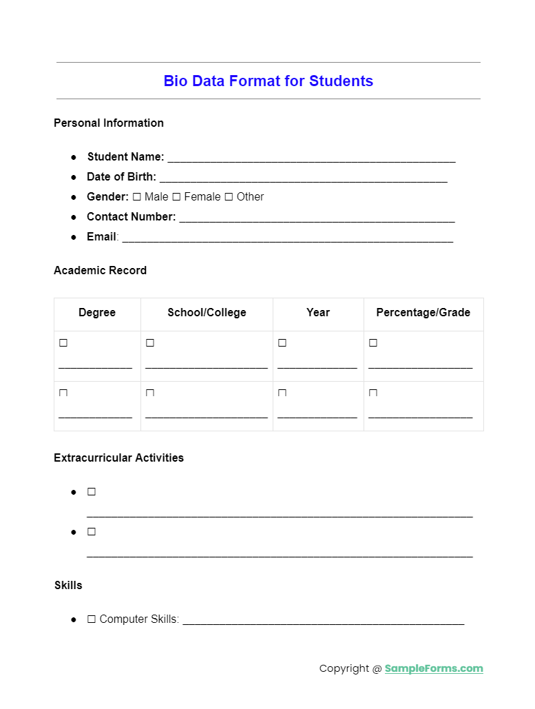 bio data format for students