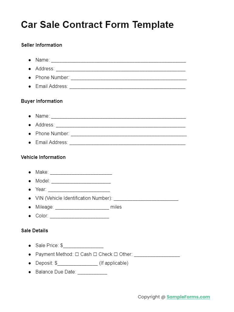 car sale contract form template