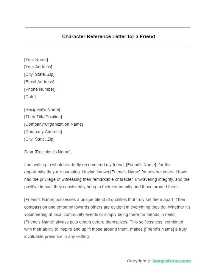 character reference letter for a friend