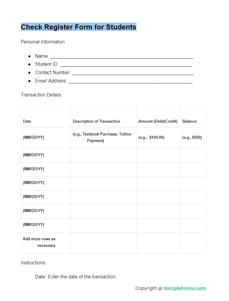 check register form for students