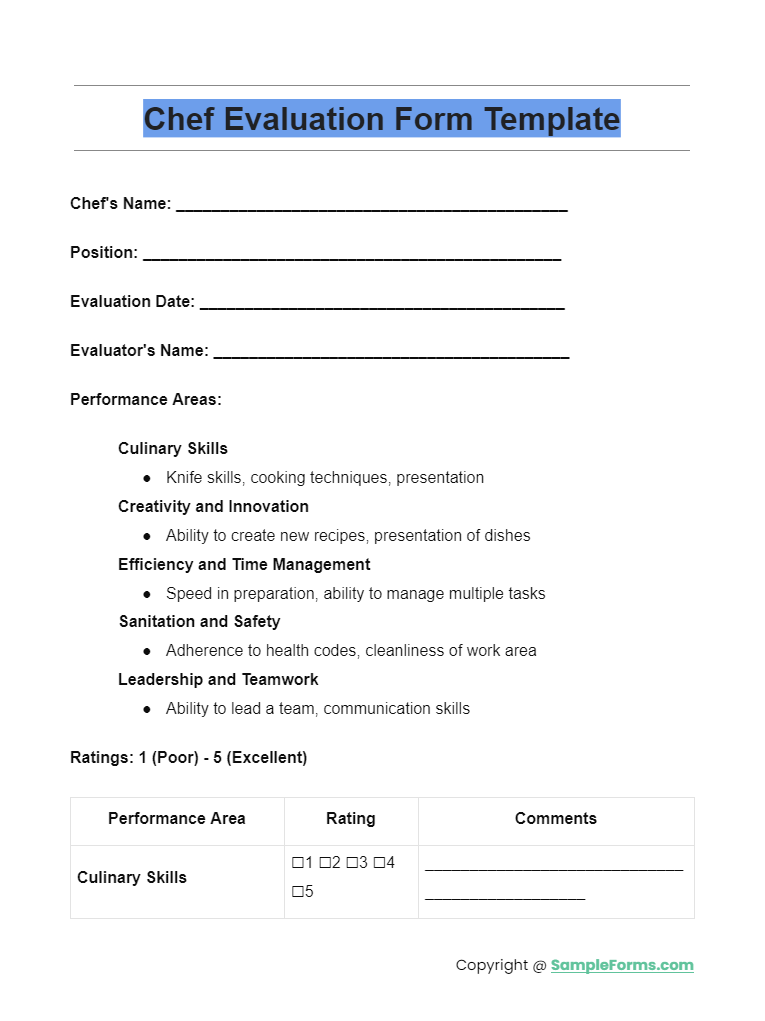 chef evaluation form template