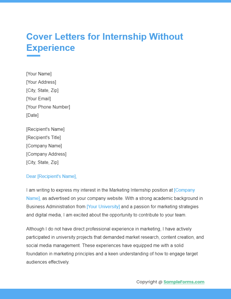 cover letters for internship without experience