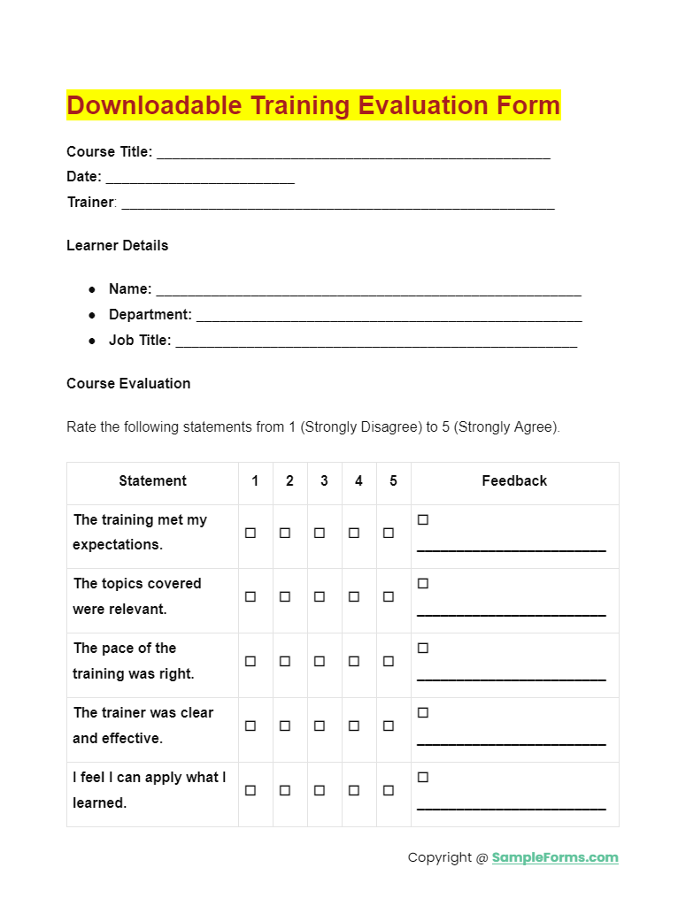downloadable training evaluation form