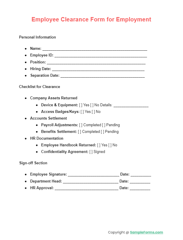 employee clearance form for employment