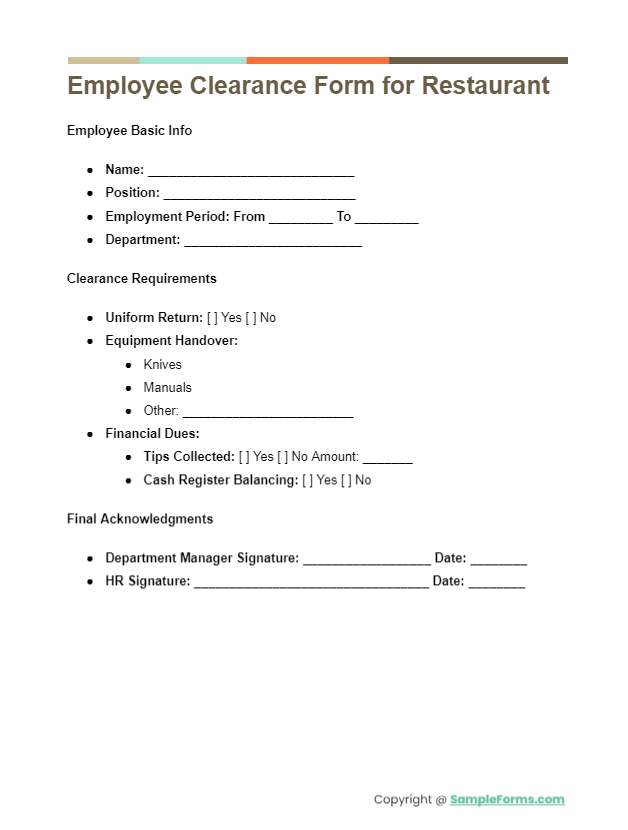 employee clearance form for restaurant