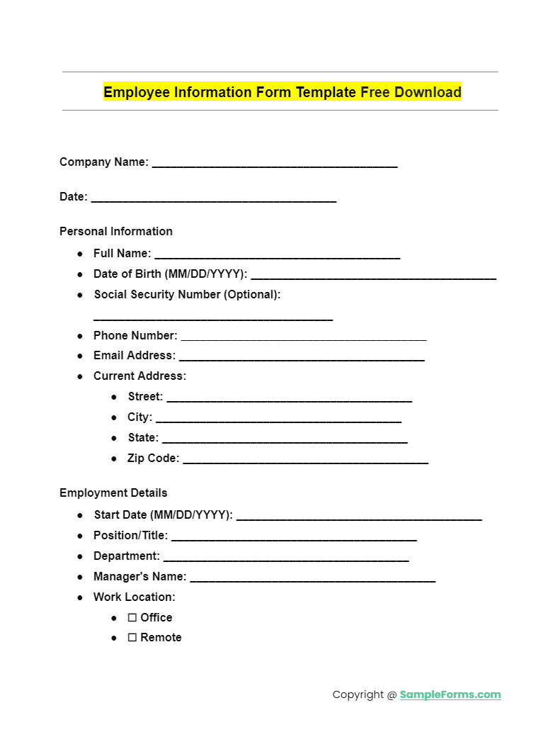 employee information form template free download
