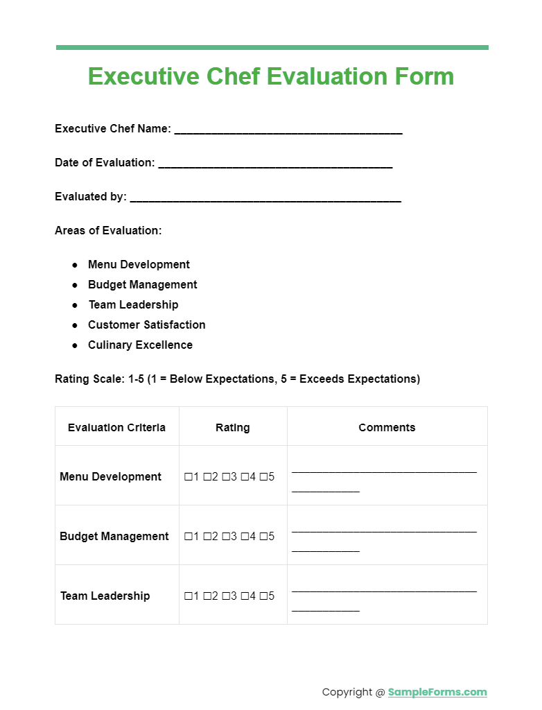 executive chef evaluation form