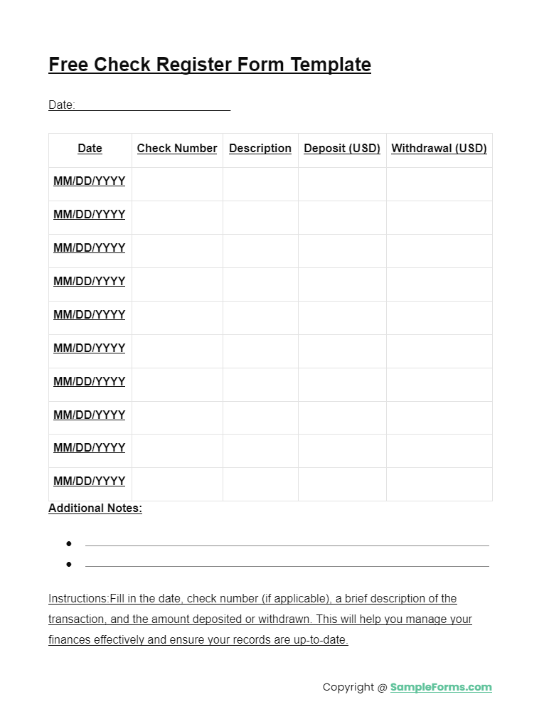 free check register form template