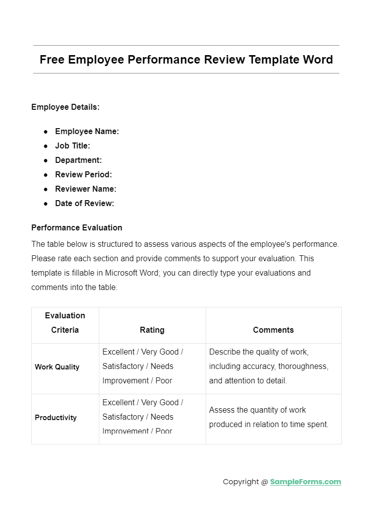 free employee performance review template word