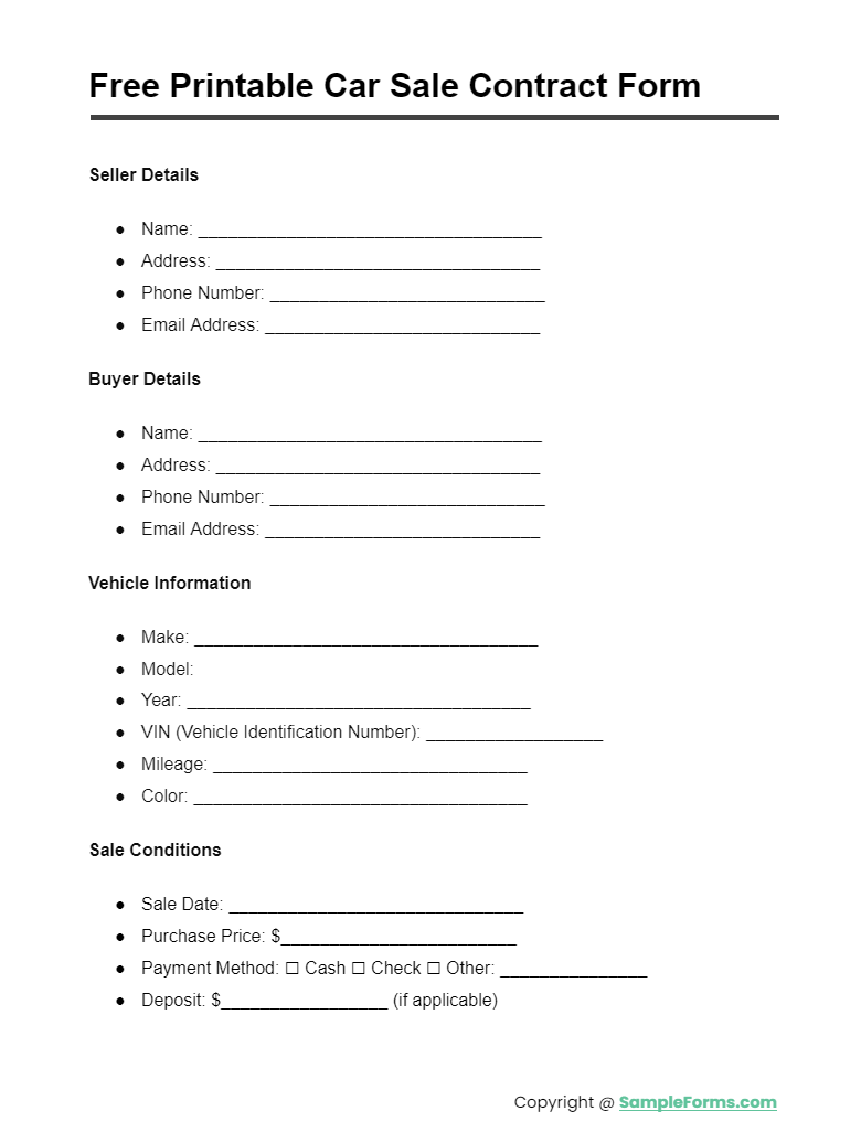 free printable car sale contract form